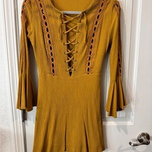 Mustard Yellow Lace-Up Dress with Bell Sleeves
